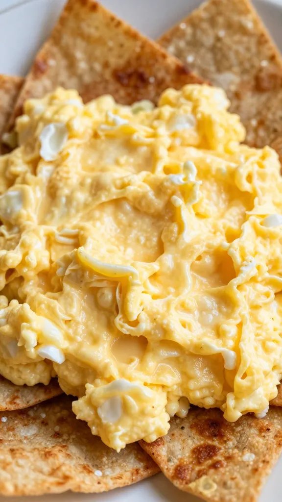 closeup soft-scrambled eggs with toasted tortilla strips