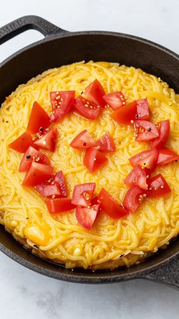 small cast-iron pan of migas with diced tomatoes