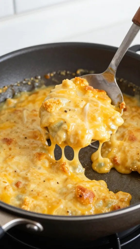 ladle scooping cheesy migas from nonstick skillet