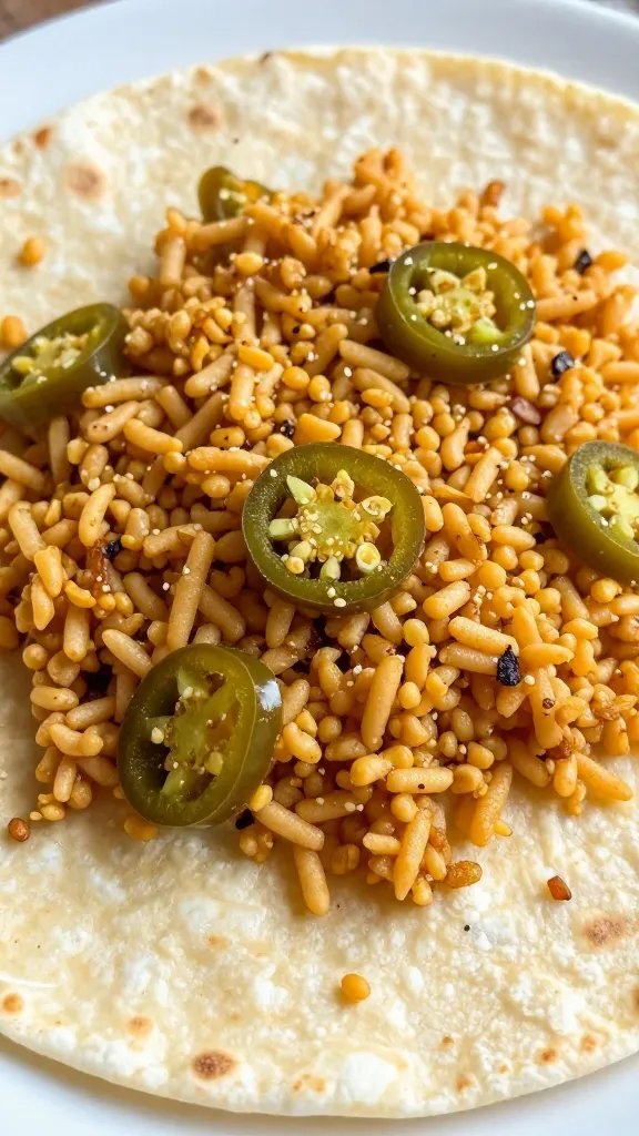 closeup jalapeño-studded migas on warm flour tortilla