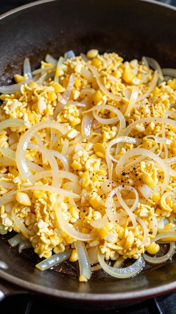 tight shot of sizzling migas with onions in skillet