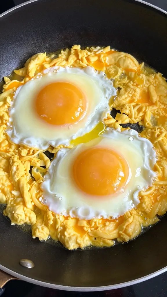 sizzling nonstick skillet with soft scrambled huevos a la mexicana