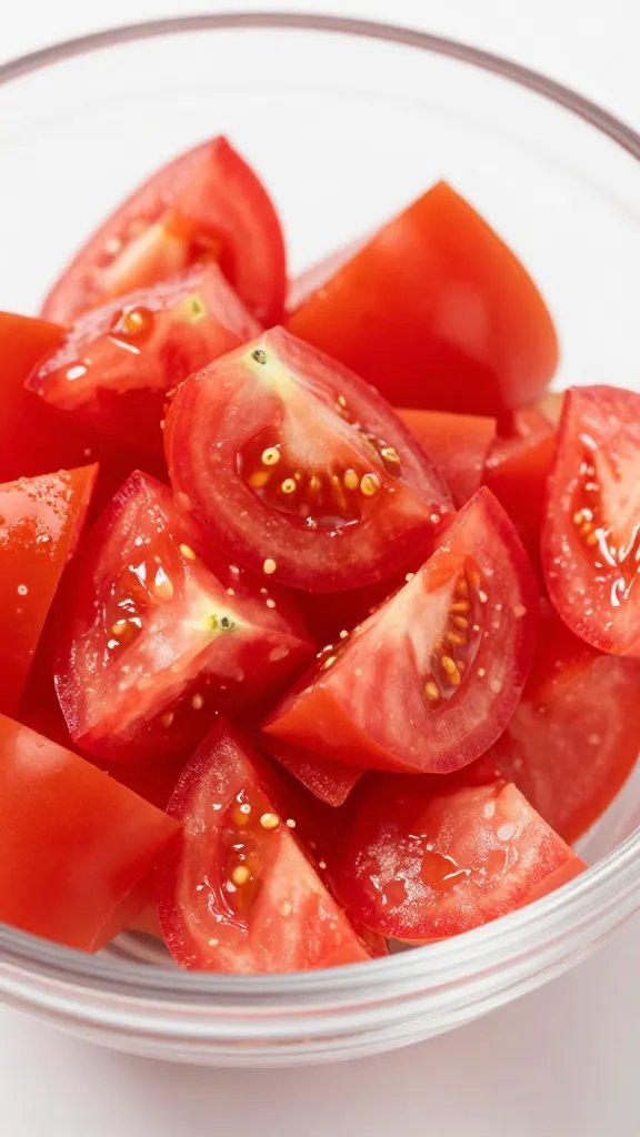 diced red tomato in small prep bowl, macro shot