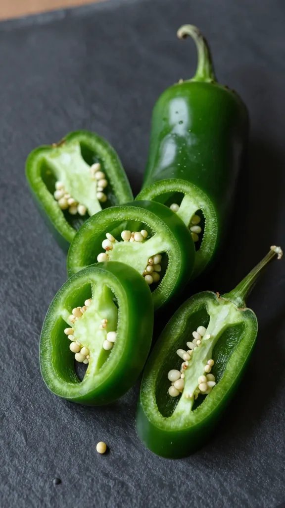 sliced green serrano chili on dark cutting board