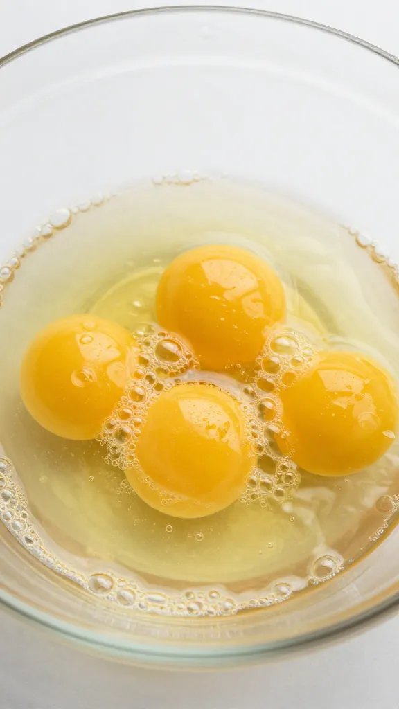 whisked eggs in glass bowl with visible bubbles, closeup