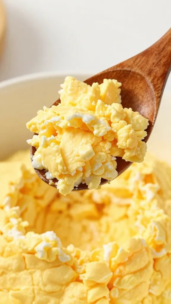wooden spoon lifting soft curds of scrambled eggs