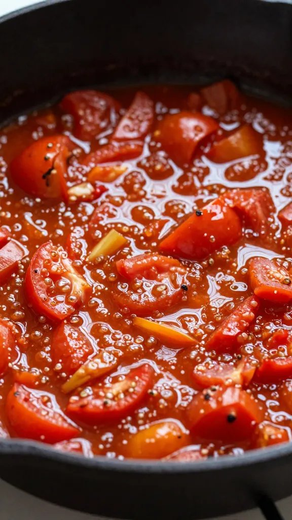 cast-iron skillet surface glistening with sautéed tomato juices