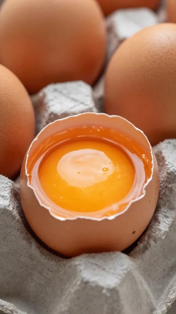 single farm egg cracked open showing rich orange yolk