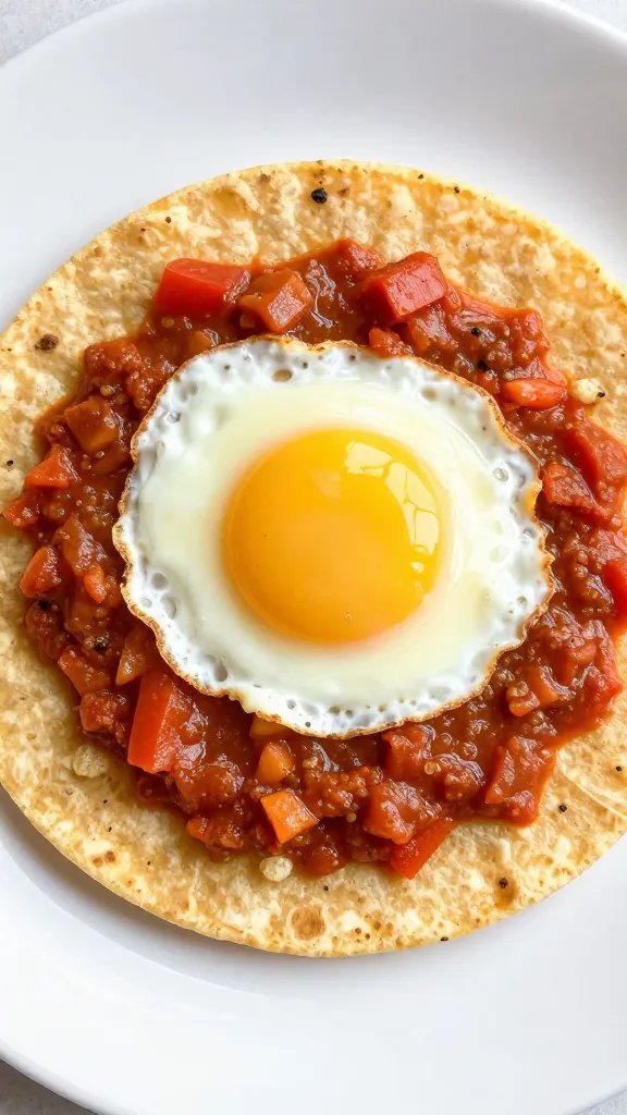 sunny-side egg in salsa roja on warm corn tortilla