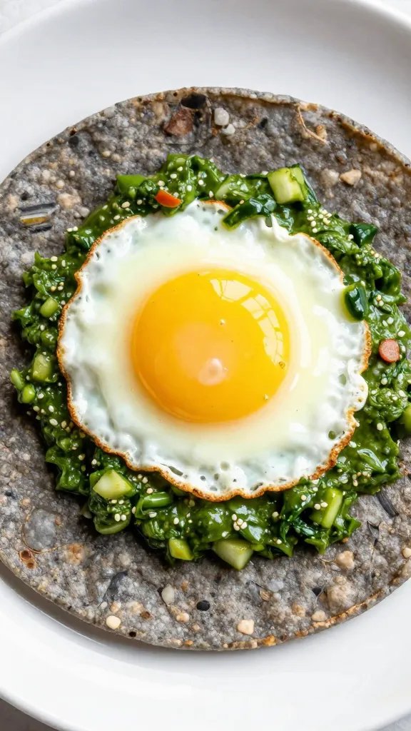 sunny-side egg in salsa verde on blue corn tortilla