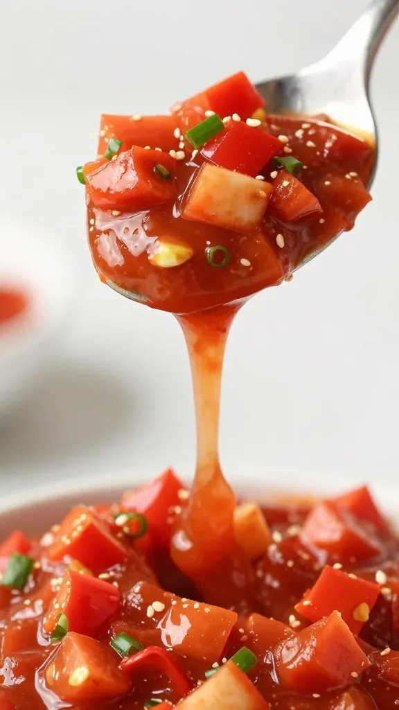 closeup of chipotle salsa roja spoonful dripping