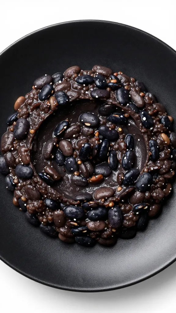 refried black beans smear on matte black plate