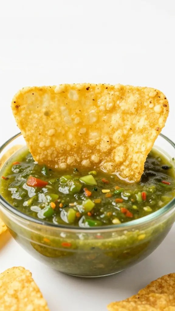 crispy tortilla chip standing in salsa verde