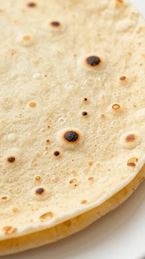 warm flour tortilla with light char bubbles, closeup