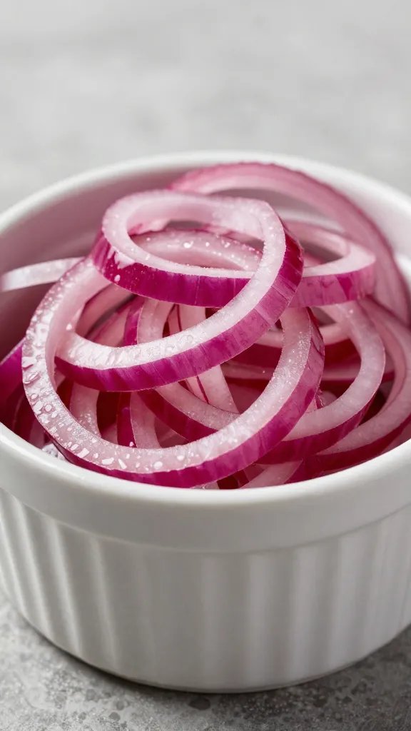 pickled red onion curls on ceramic ramekin