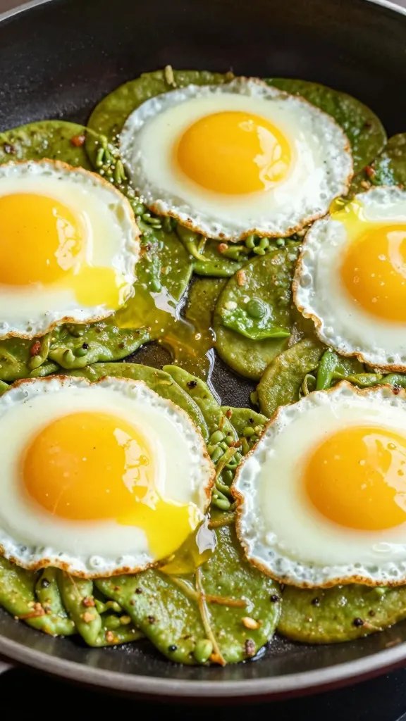 closeup skillet of chilaquiles verdes with braised eggs