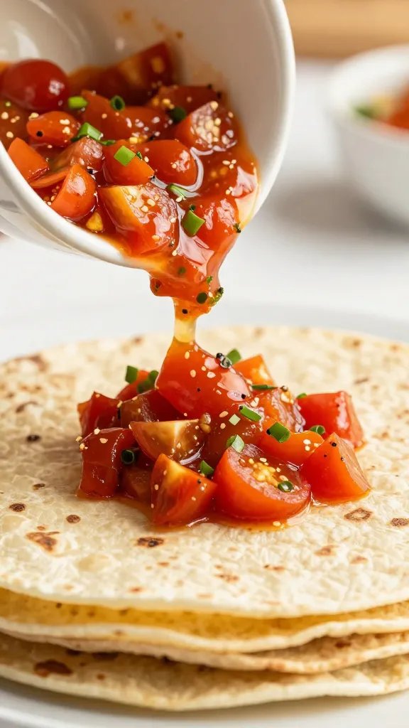 single tomatillo salsa ladle pouring over tortillas, macro