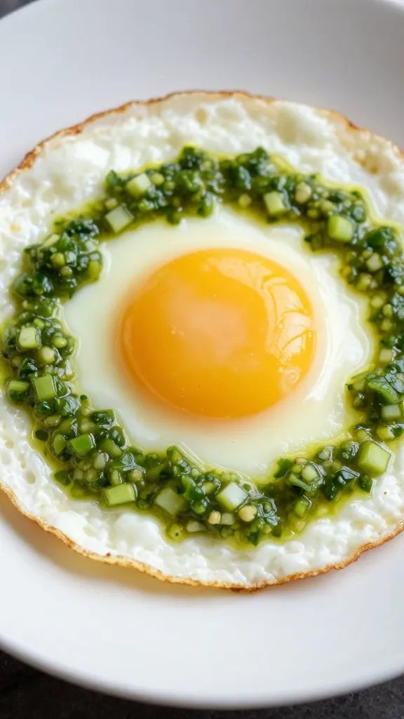 fried egg nestled in green salsa, shallow depth