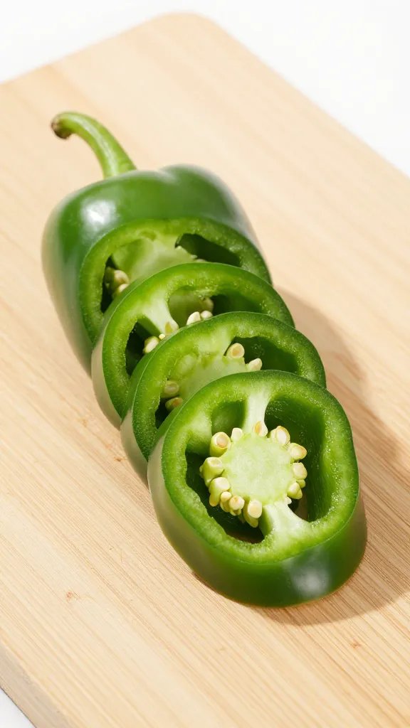 single jalapeño sliced on cutting board, studio lighting