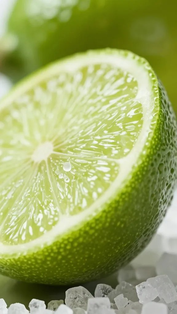 lime wedge with salt crystals, extreme closeup