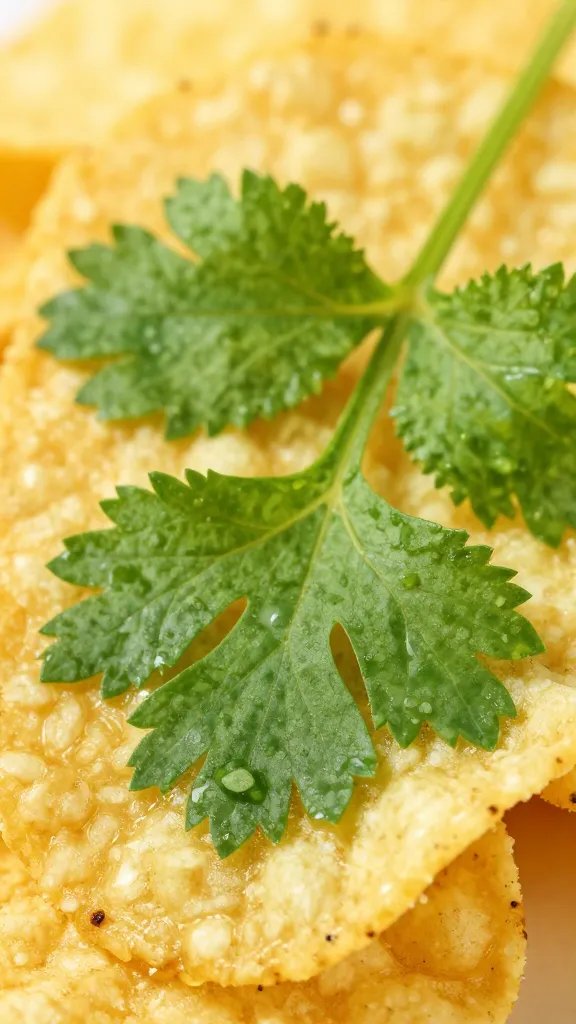 cilantro sprig on sauced tortilla chip, macro detail
