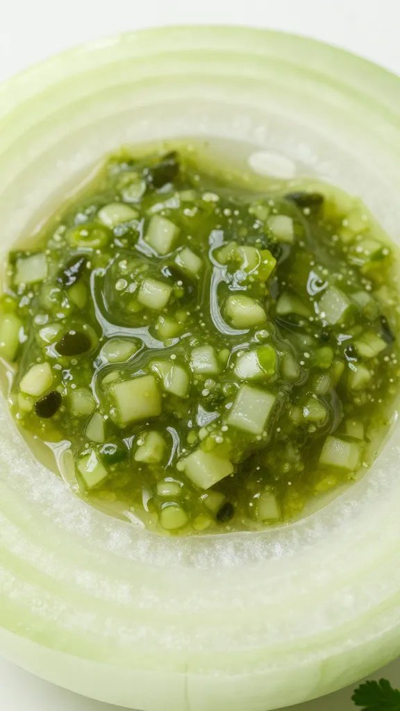 onion slice softened in green salsa, tight shot