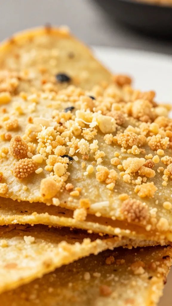 cotija crumble on chilaquiles bite, macro texture