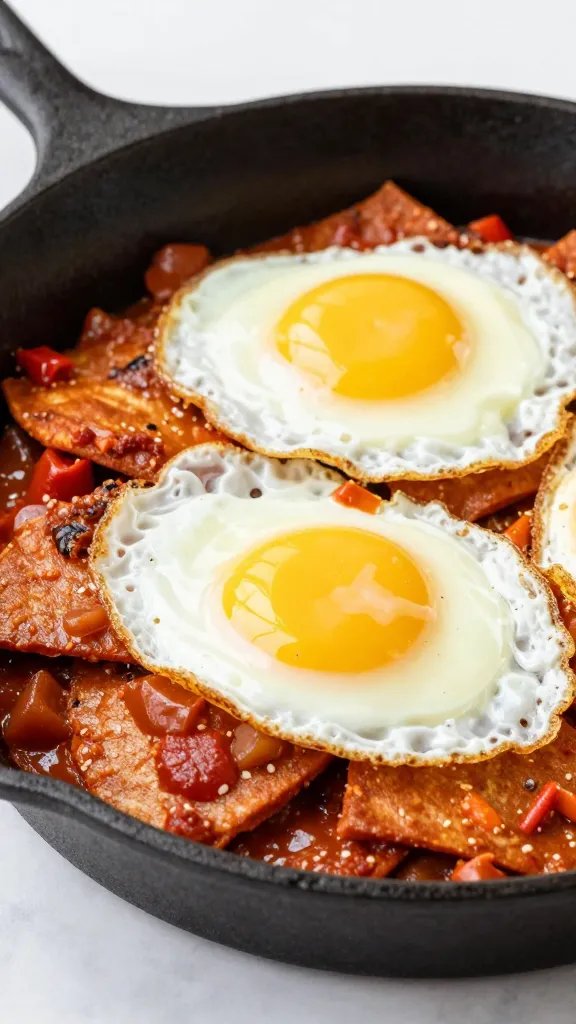 cast-iron skillet chilaquiles rojos with fried egg, closeup