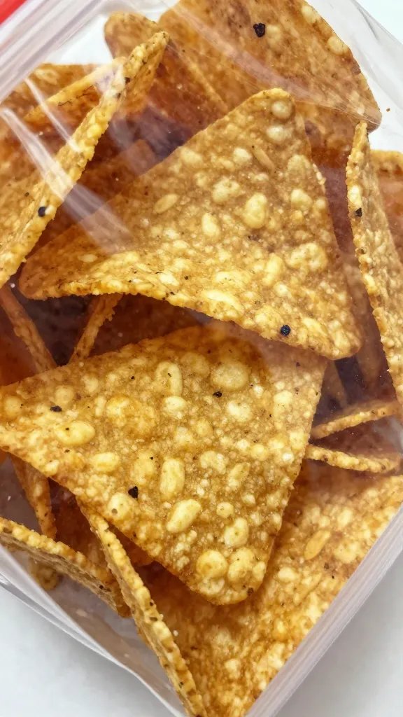 closeup of stale tortilla chips in crinkled pantry bag