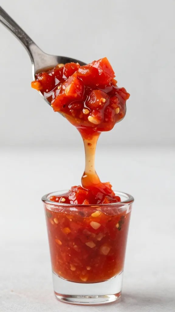 spoon dripping red chile-tomato salsa, macro shot