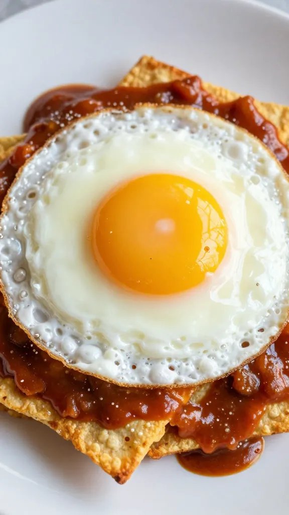 single runny-yolk fried egg on saucy chilaquiles
