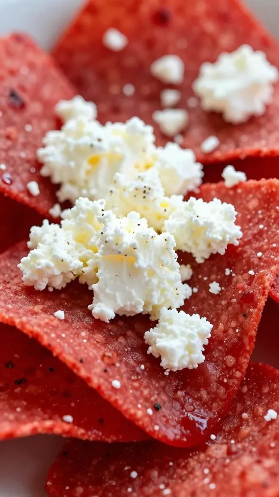 crumbly queso fresco on red-sauced chips, closeup