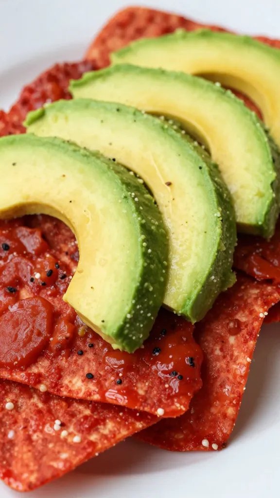 sliced avocado fan atop chilaquiles rojos, closeup