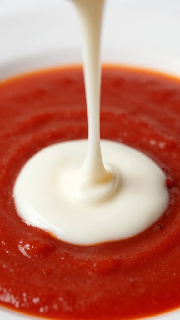 dollop of crema swirling into red sauce, macro