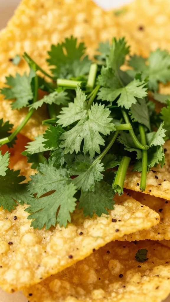 chopped fresh cilantro on saucy tortilla chips, closeup