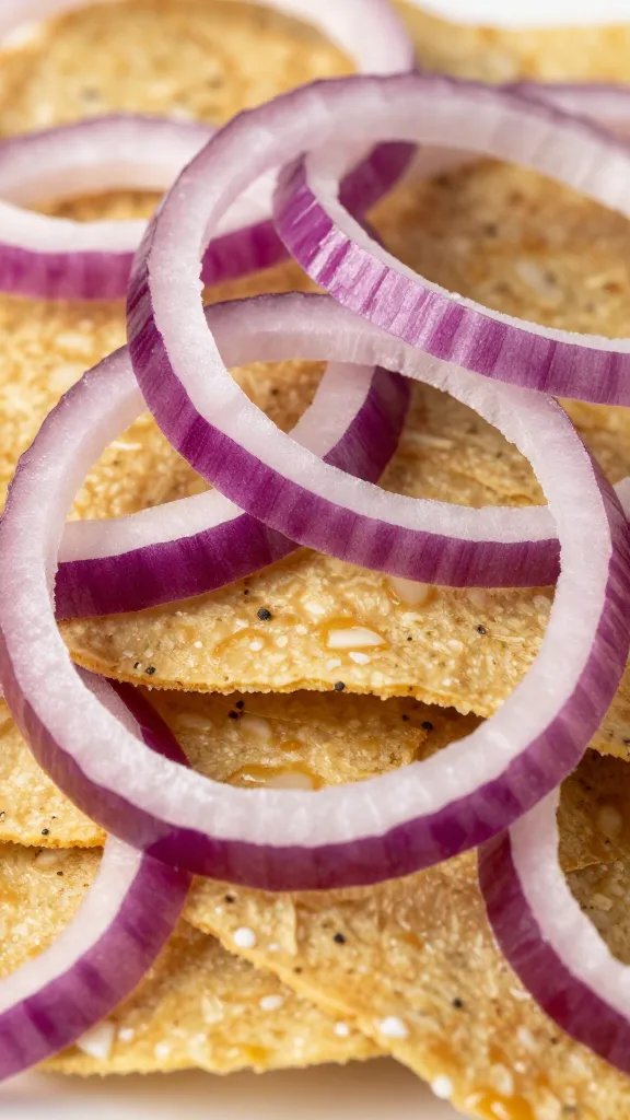 thinly sliced red onion rings over chilaquiles, macro
