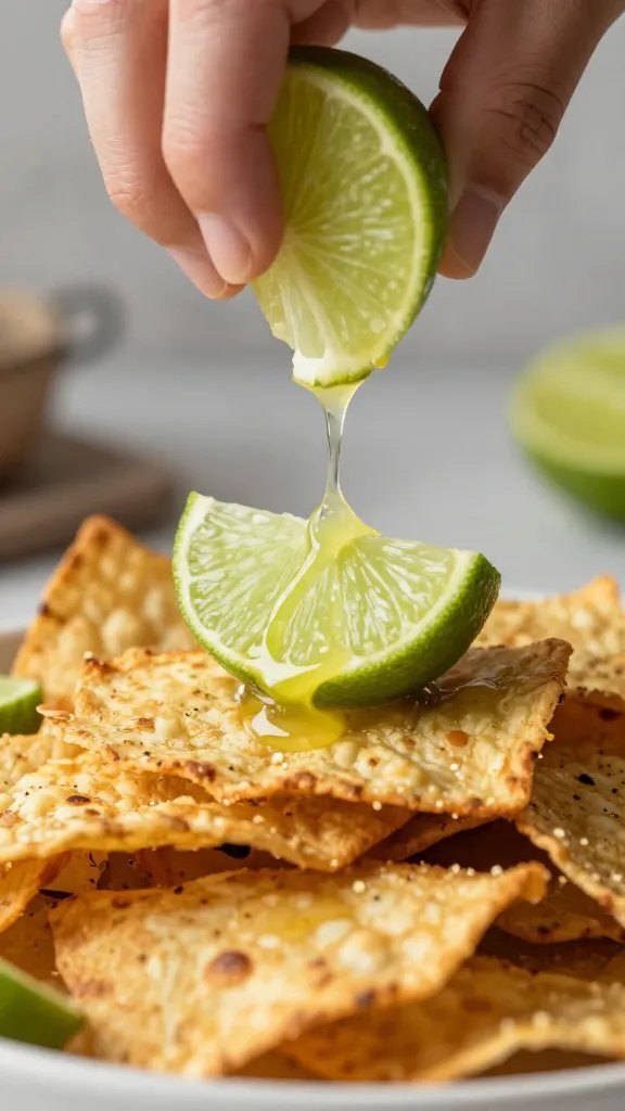 lime wedge squeezing juice onto chilaquiles, closeup