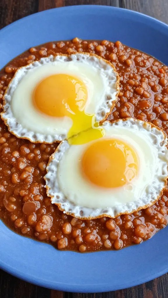 closeup of huevos rancheros on a single blue plate