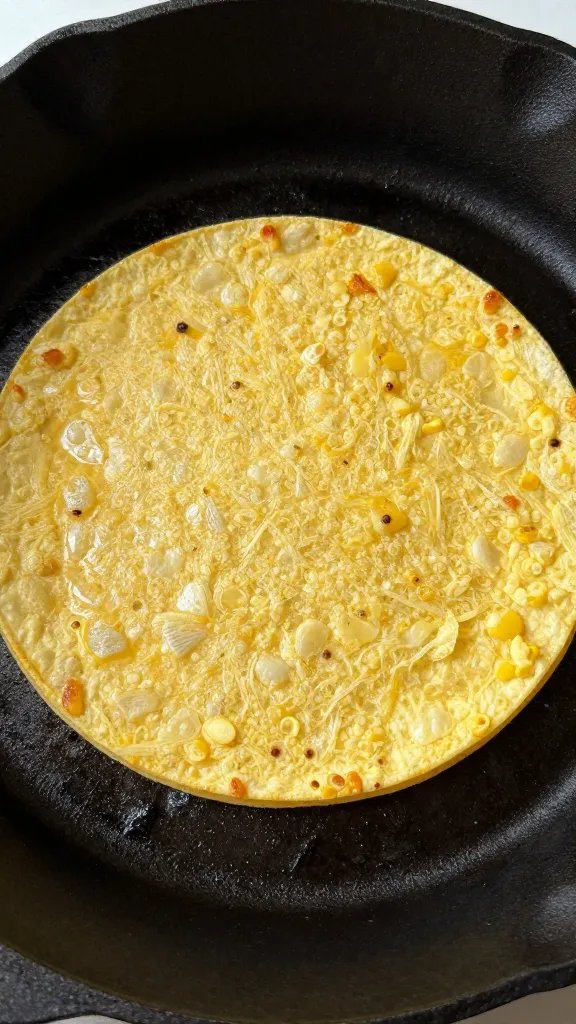 single crispy corn tortilla on cast-iron skillet