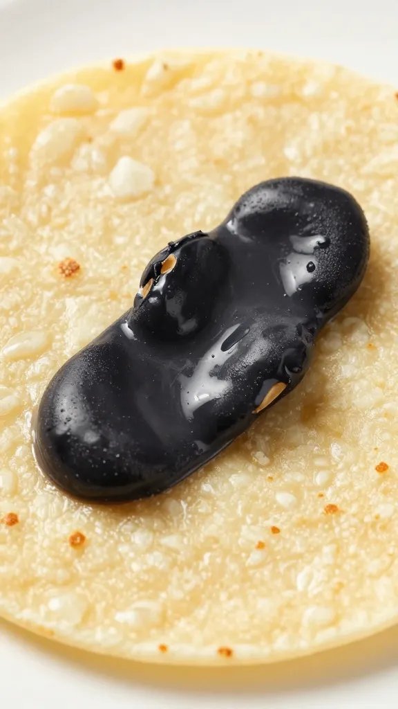 single black bean smear on warm tortilla