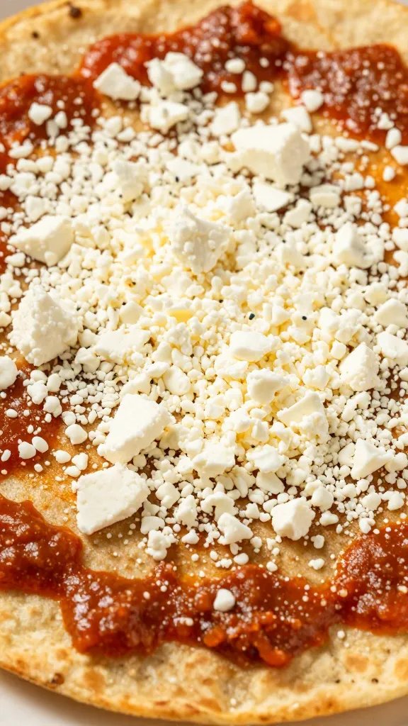 closeup of crumbled queso fresco on sauced tortilla