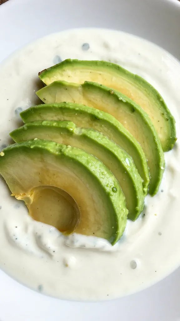 sliced avocado fan atop ranchera sauce