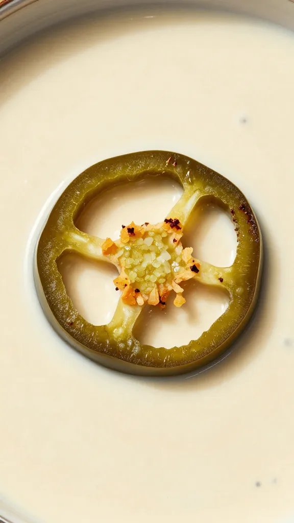charred jalapeño ring on ranchera sauce closeup