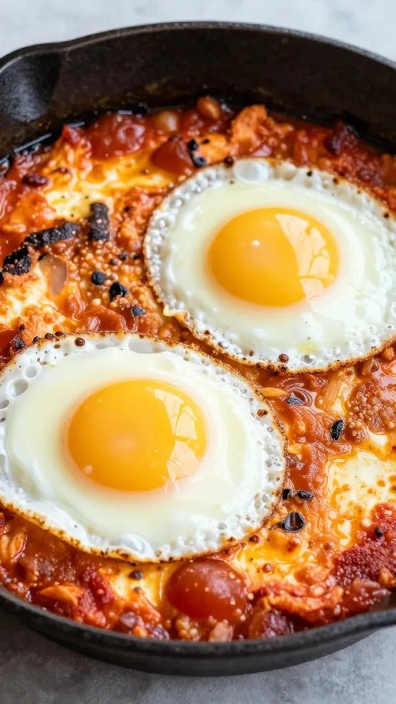 cast-iron skillet shakshuka with two jammy eggs, closeup
