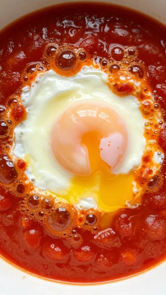bubbling tomato sauce with poached egg, overhead macro