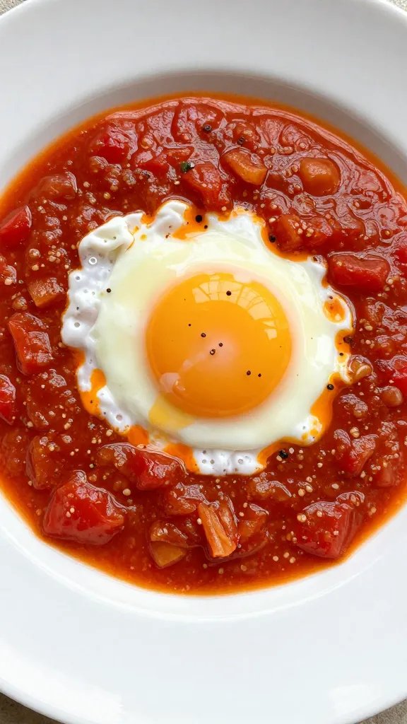 single poached egg nestled in spiced tomato sauce