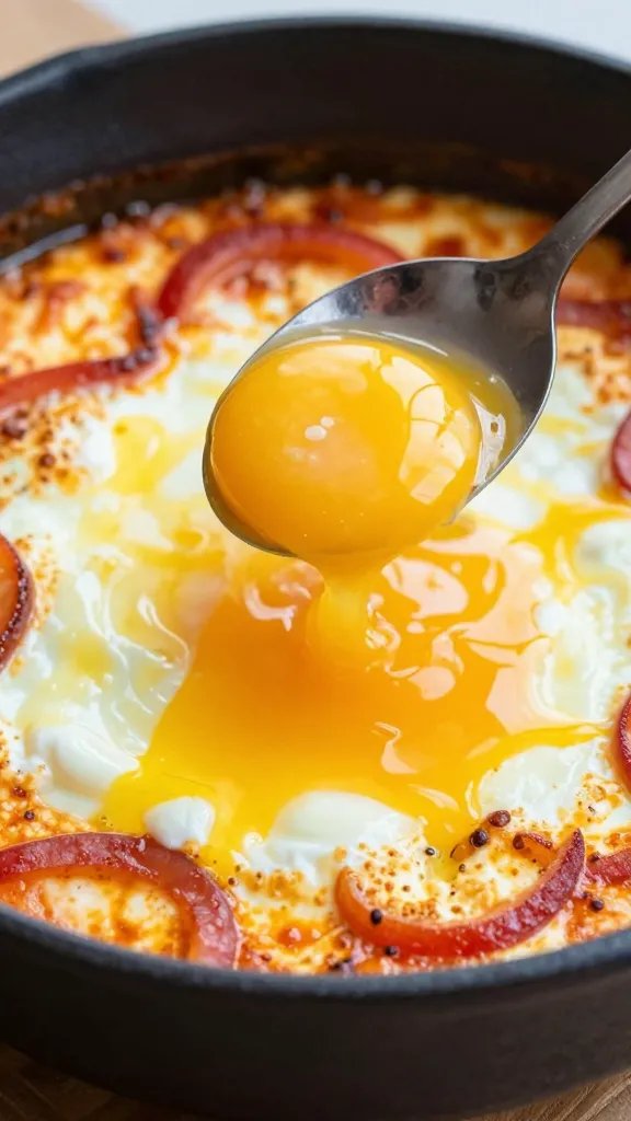spoon lifting runny yolk from shakshuka, tight shot