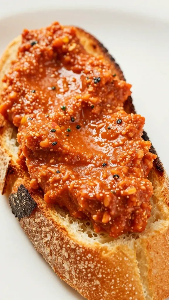 toasted baguette slice dipped in shakshuka, closeup