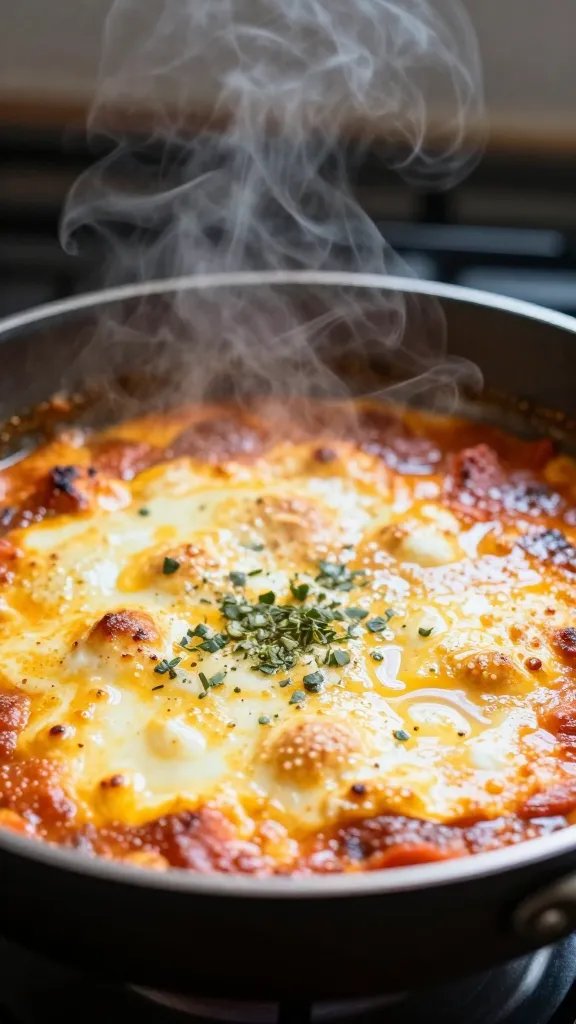 steam rising from skillet shakshuka, shallow depth