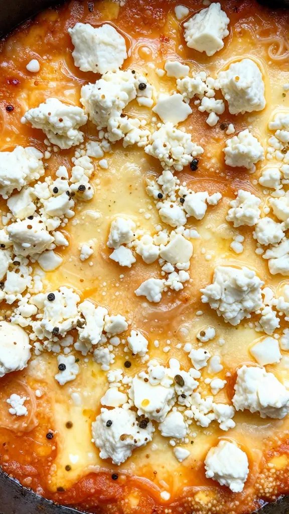 crumbled feta on shakshuka surface, macro detail